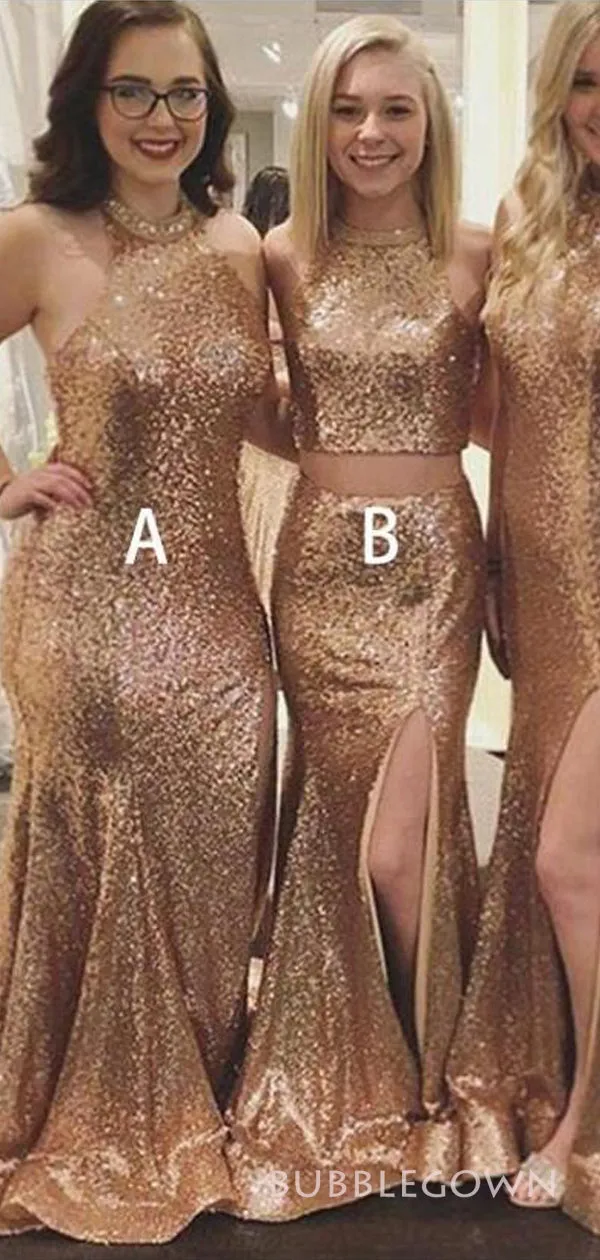 Sparkly Halter Mismatched Gold Sequins Mermaid Long Custom Bridesmaid Dresses, BGB0132